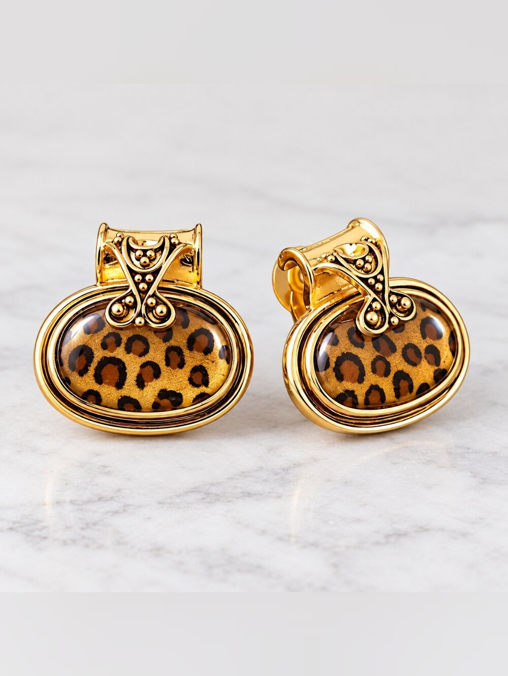 Vintage-Inspired Leopard Print Cabochon Goldtone Oval Post Earrings